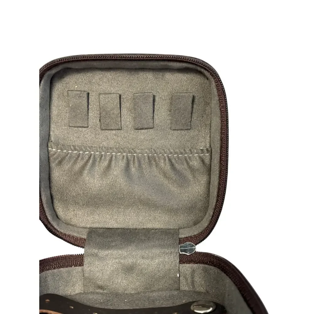 Mini travel jewelry box hand cut tooled leather Buffalo nickel brown blue